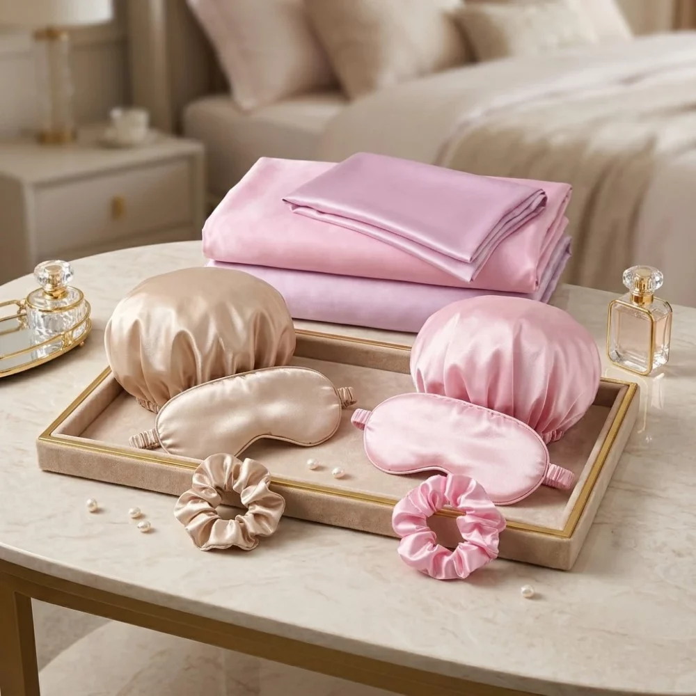Coffret masque de nuit, chouchous et 2 charlottes en satin pour cheveux