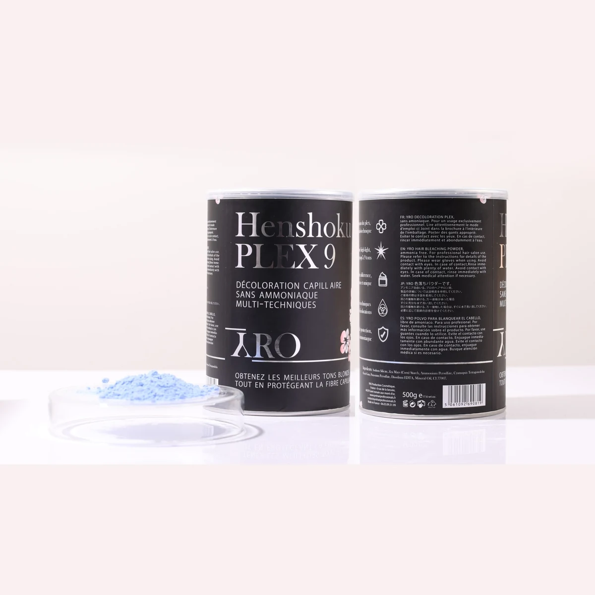 Henshoku Plex 9 YRO : face et dos du pot de 500 g avec la poudre décolorante bleue